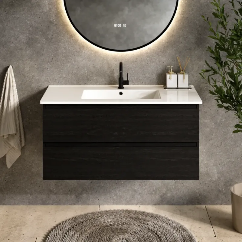 Badezimmermöbel Varo - 100 cm - Schwarz Eiche - Weißes Waschbecken