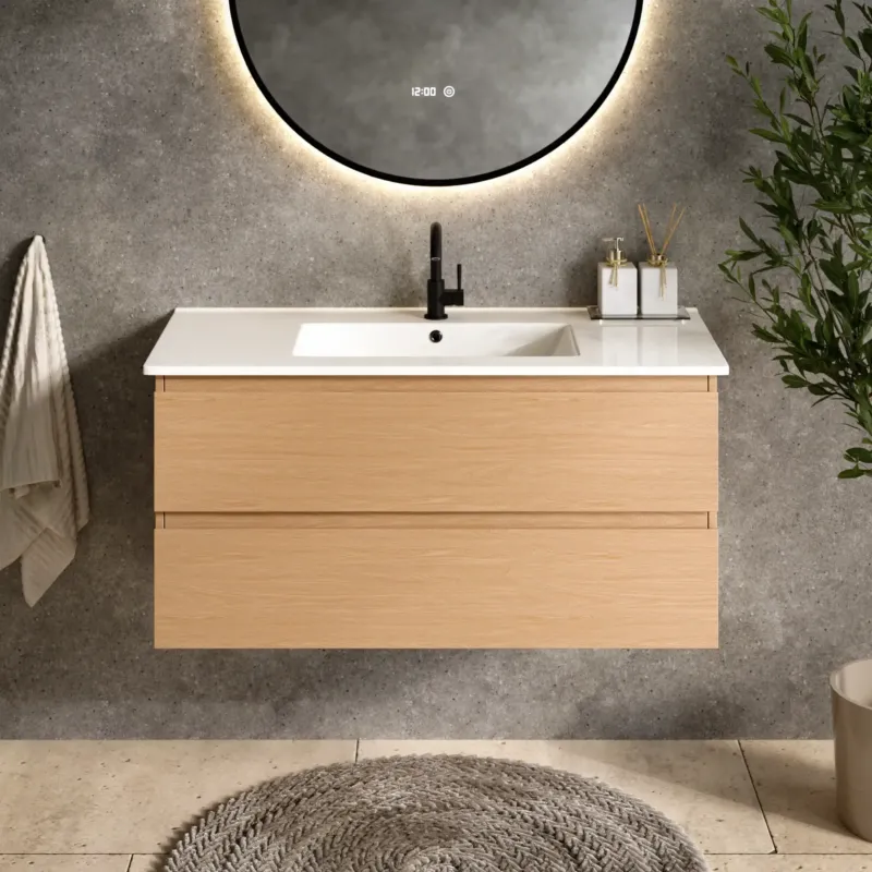 Badezimmermöbel Varo - 100 cm - Helle Eiche - Weißes Waschbecken