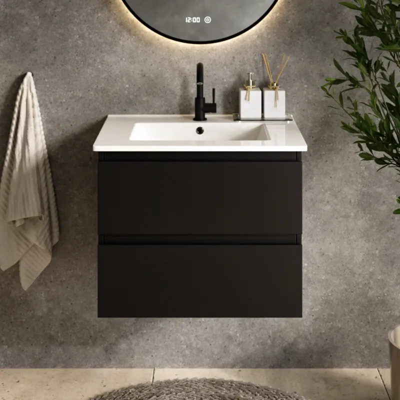 Badezimmermöbel Norvi - 60 cm - Schwarz - Weißes Waschbecken