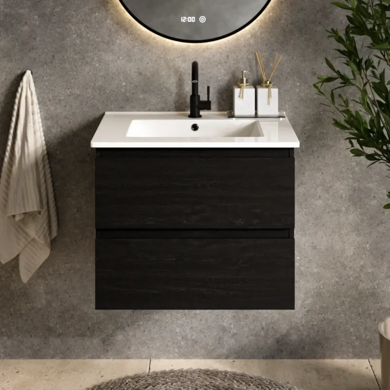 Badezimmermöbel Norvi - 60 cm - Schwarz Eiche - Weißes Waschbecken