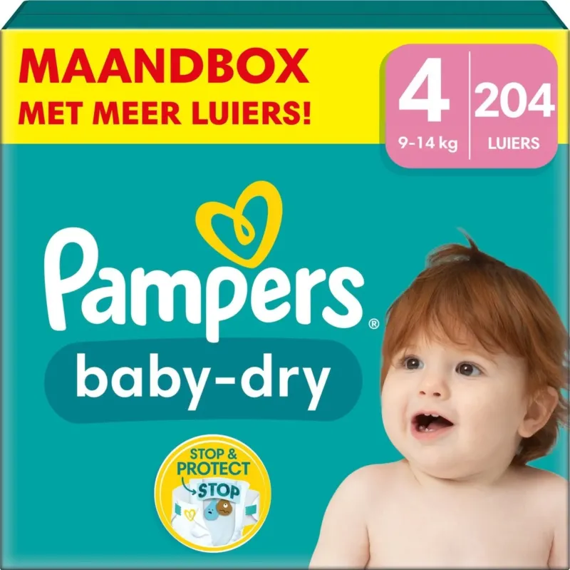 Pampers Baby-Dry - Maat 4 (9kg - 14kg) - 204 Luiers - Maandbox - verpakking beschadigd