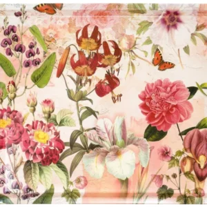 Serviertablett Melamin mit Griffen, Dekotablett groß 38x27 cm, Tablett beige - rot Motiv: Wildblumen