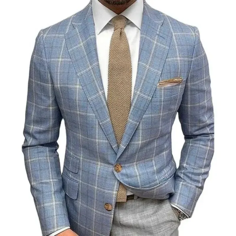 Classic Plaid Blazer Light Blue Windowpane Pattern - Product showcase