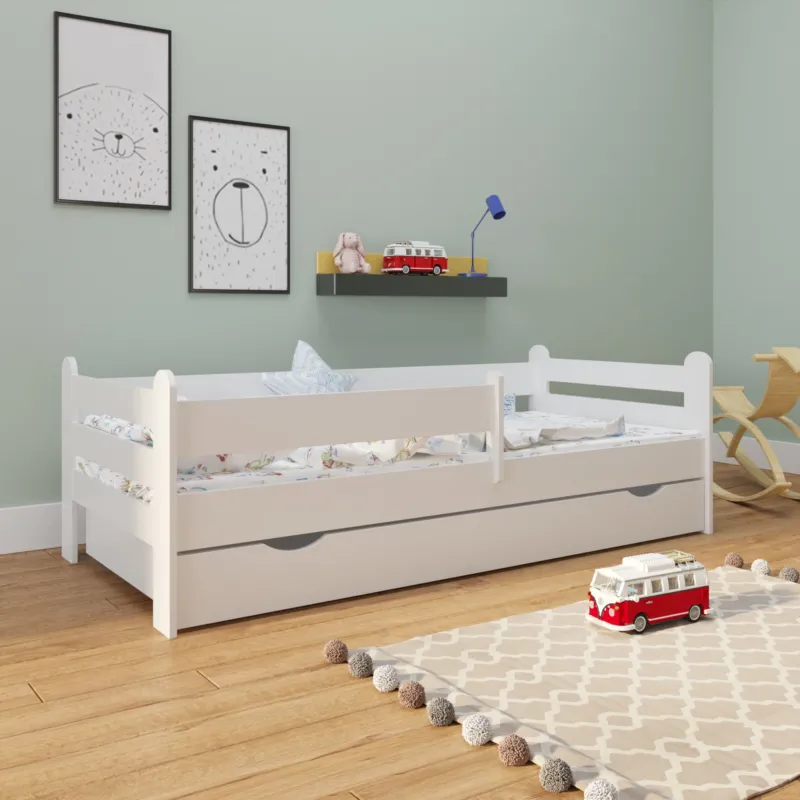 Kinderbett 80x160 | 80x180 | 90x200 cm mit Matratze (optional), Rausfallschutz, Schublade & Lattenrost in weiß Mädchen Jungen Bett