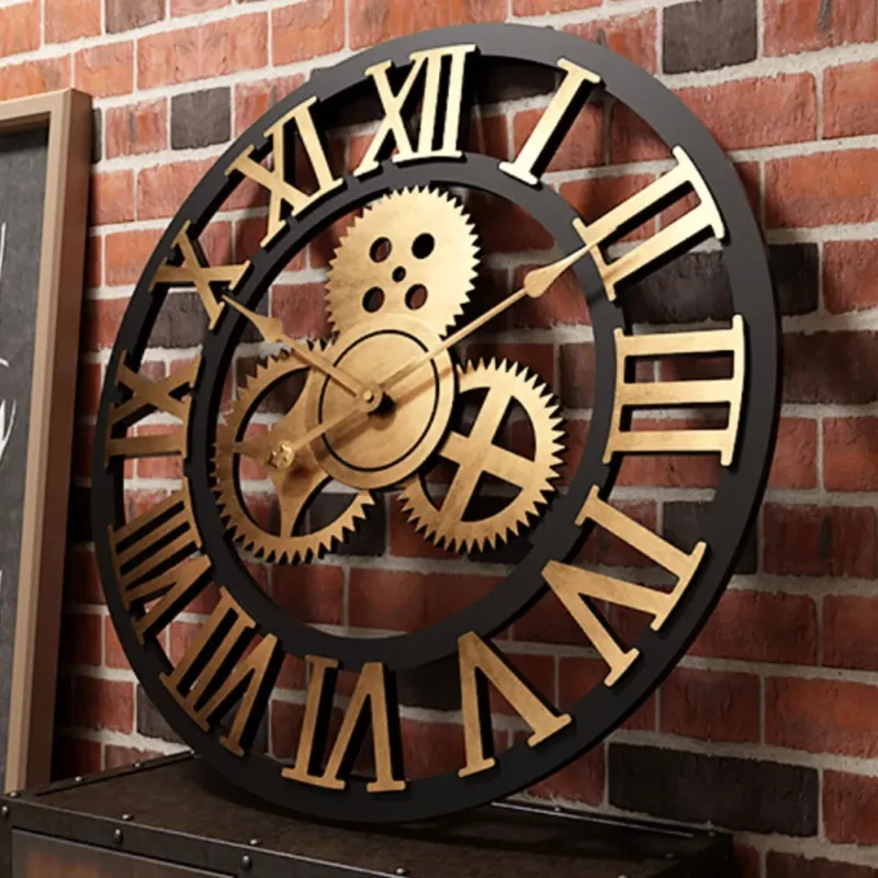 Industrial Wall Clock Roman Numeral Gear Design - Product showcase