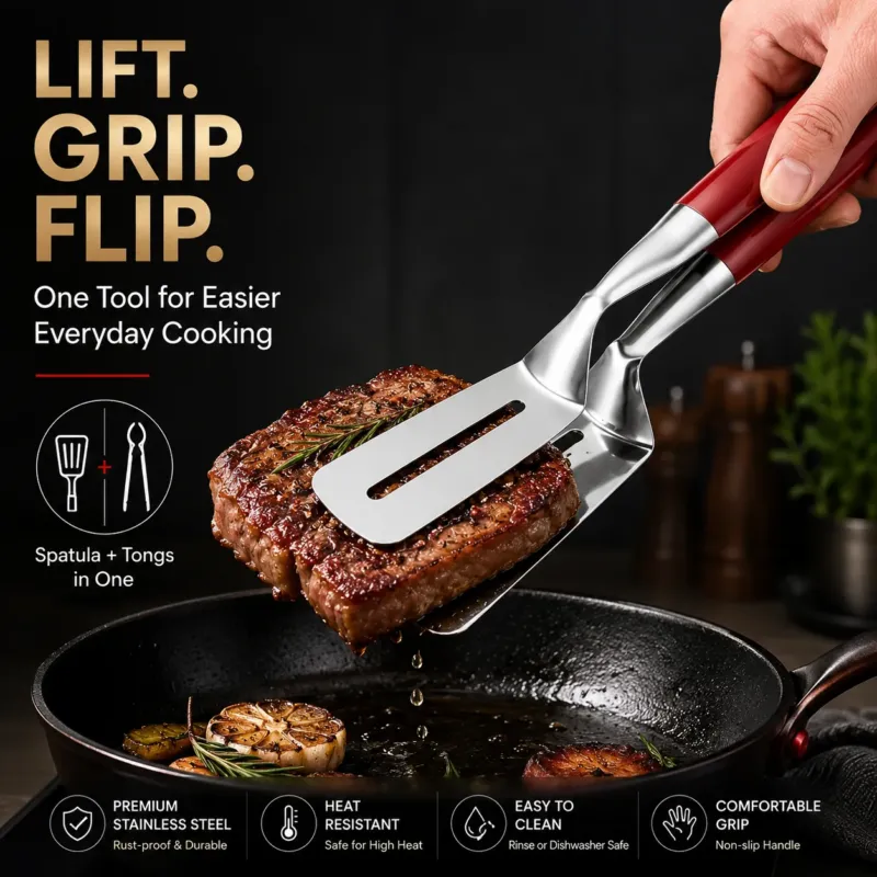 2-in-1 Spatelzange – Wenden und Greifen mit einem Werkzeug