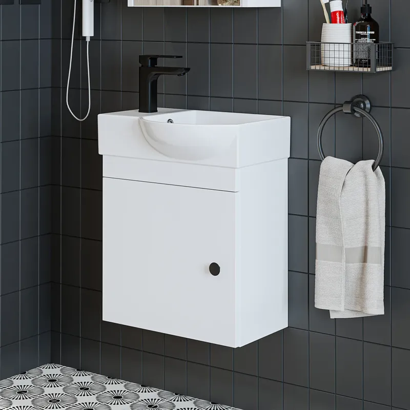 Waschbeckenunterschrank PUNTO in Weiß mit Hahnloch links, 46,5 cm breit