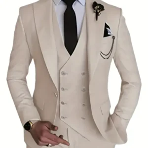 Classic Three Piece Suit Beige Double-Breasted Design - Product showcase