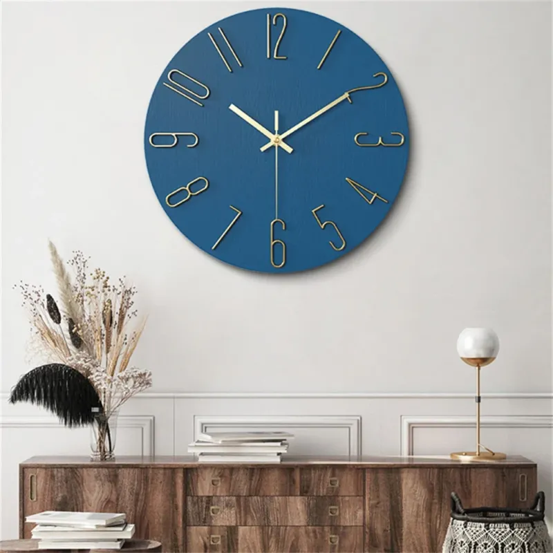 Modern Wall Clock Blue Face Gold Numbers - Product showcase