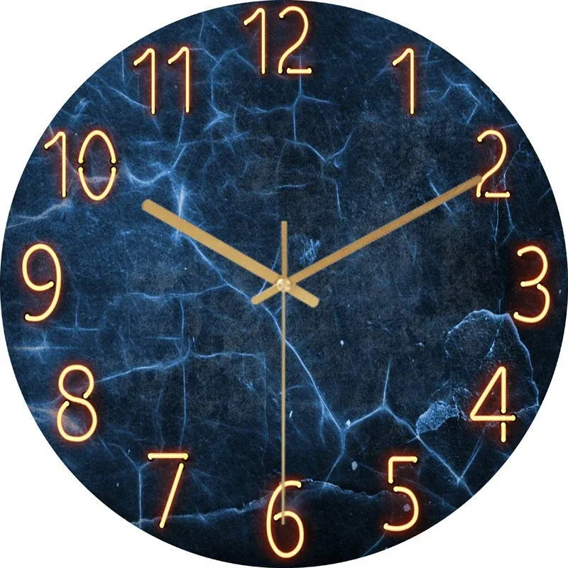 Modern Wall Clock Neon Numbers Blue Marble Design - Product showcase