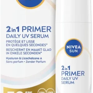 NIVEA SUN UV Face 2-in-1 Primer Makeup Serum – Zonnebrand Gezicht SPF 50+ - Gezichtsserum met Hyaluronzuur - Zonder Parfum – 30ml - beschadigde verpakking
