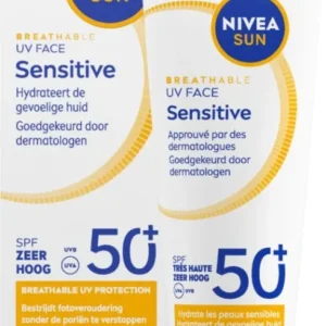 NIVEA SUN UV Face Senstive SPF50+ Zonnebrand Gezicht - Voor de Gevoelige Huid - Ademende, Niet Vette Formule - Parfumvrij - 40ml