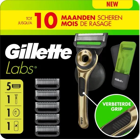 GilletteLabs Met Exfoliërende Strip Scheersysteem Champion Gold - 1 Handvat + 5 scheermesjes + 1 muurhanger + 1 etui- beschadigde verpakking