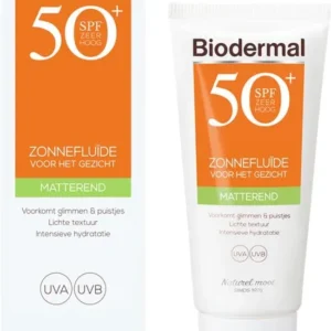 Biodermal Zonnebrand - Matterende Zonnefluïde voor het gezicht SPF 50 - 40ml - Voorkomt glimmen en puistjes