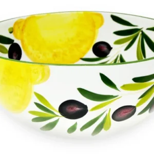 Runde Keramik Servierschüssel 26 cm, Handbemalte italienische Keramikschale, Design Zitrone - Olive, Tiefe: 12 cm