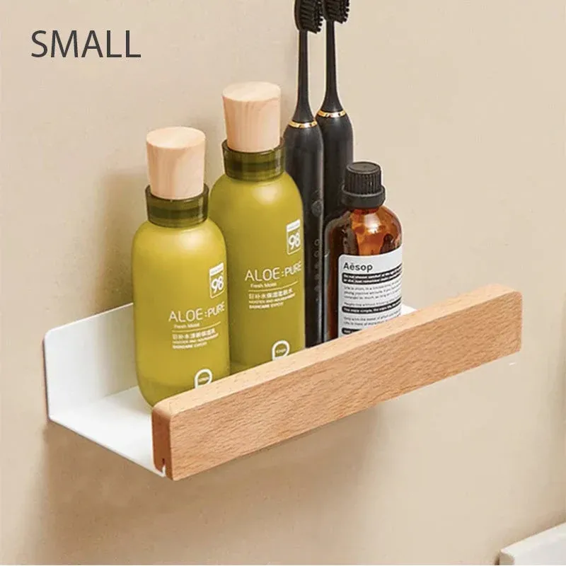 Bathroom Wall Shelf Wood and White Metal Storage - Product showcase