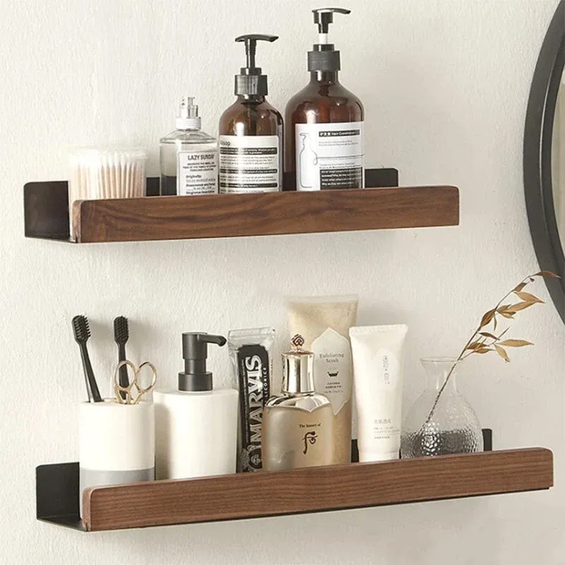 Bathroom Wall Shelf Wood and White Metal Storage - Detailed view