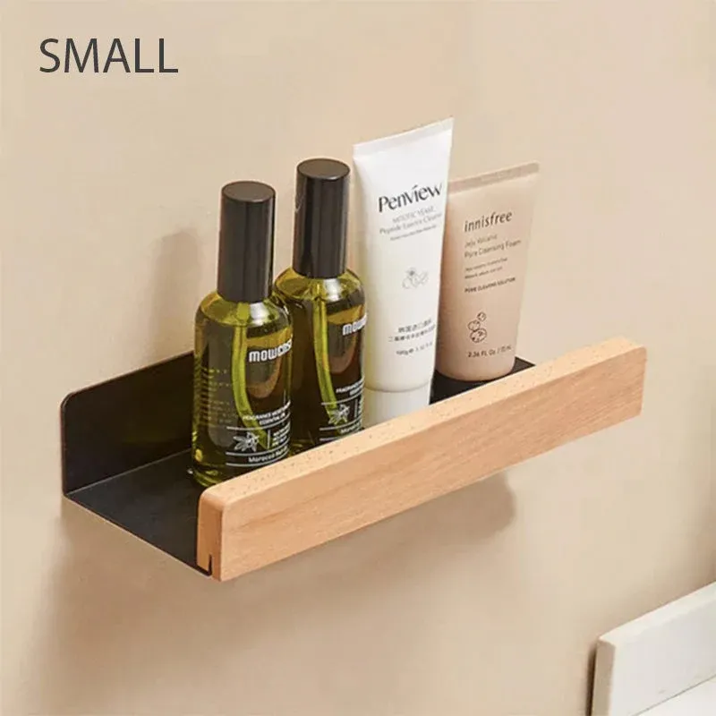 Bathroom Wall Shelf Wood and White Metal Storage - Product example