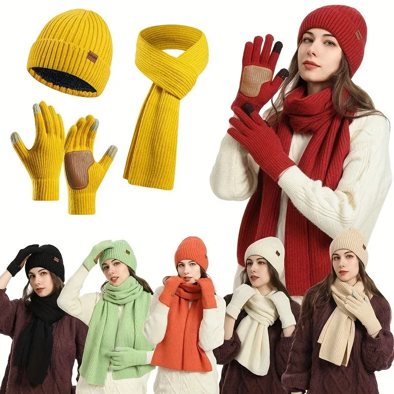Ribbed Winter Accessories Set Soft Knit Hat Scarf Gloves with Leather Details - Detailed view
