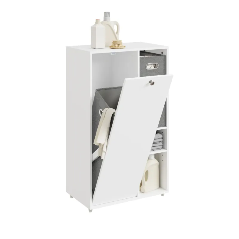 SoBuy Badezimmerschrank mit Wäschekorb schmal Weiß 50 cm 2 Stoffschubladen BZR218-W