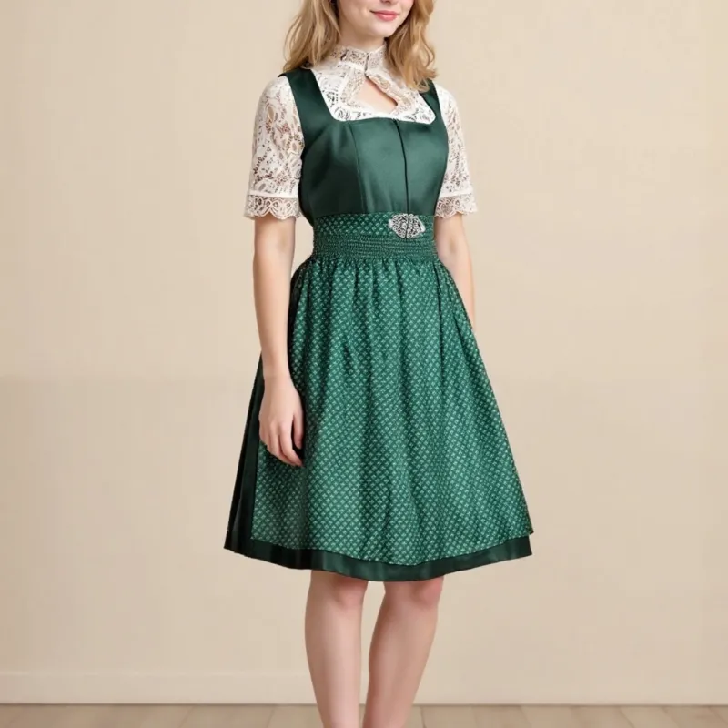 Traditional Dirndl Dress Emerald Green With Lace Blouse Apron - Product showcase