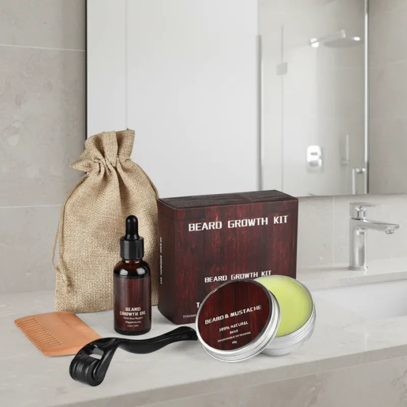 Beard Growth Kit Complete Care Set with Dermaroller and Natural Oils - Product showcase