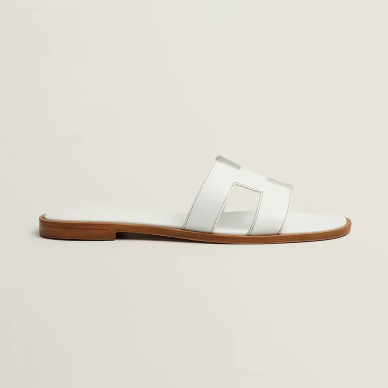 Minimalist Leather Slides White H-Strap Design with Wood Sole - Product example