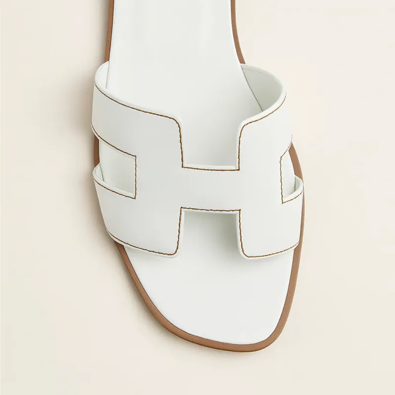 Minimalist Leather Slides White H-Strap Design with Wood Sole - Detailed view