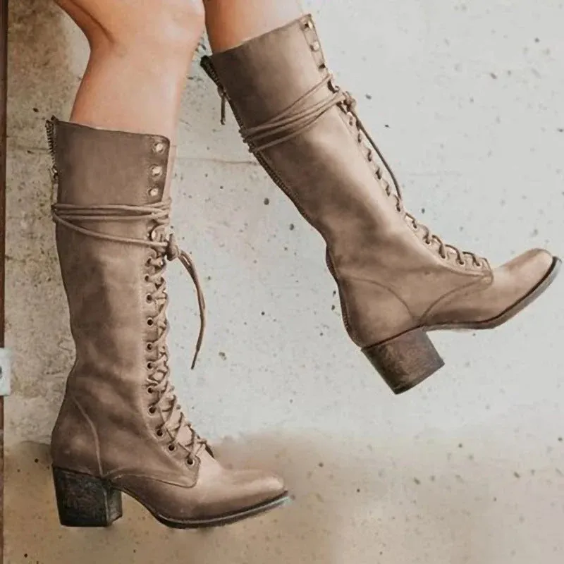 Vintage Lace Up Boots Black Leather Knee High Chunky Heel - Product detail 4