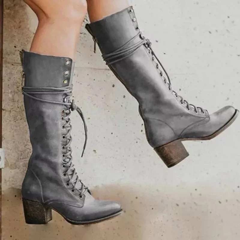 Vintage Lace Up Boots Black Leather Knee High Chunky Heel - Product example