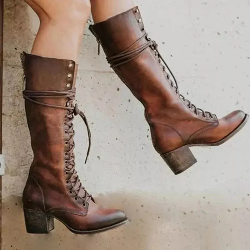 Vintage Lace Up Boots Black Leather Knee High Chunky Heel - Detailed view