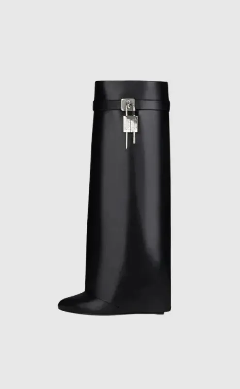 Modern Wedge Boots Black Vegan Leather With Lock Detail - Product example