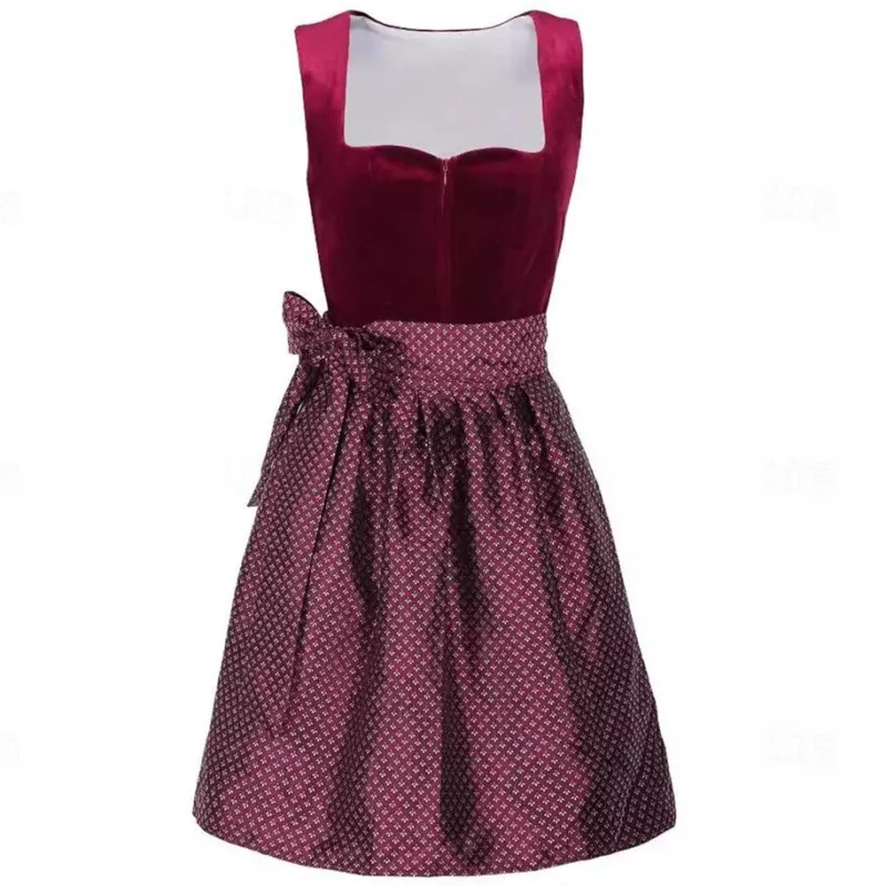 Traditional Dirndl Dress Burgundy Velvet with Lace Detail - Detailed view