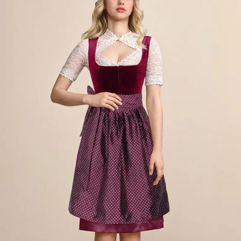 Traditional Dirndl Dress Burgundy Velvet with Lace Detail - Product showcase