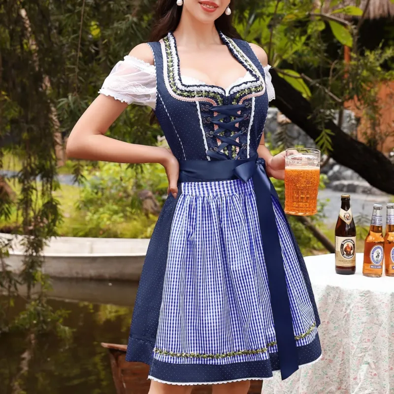 Traditional Dirndl Dress Set Navy Blue with Gingham Apron - Detailed view