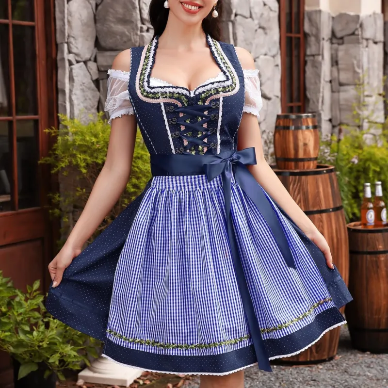 Traditional Dirndl Dress Set Navy Blue with Gingham Apron - Product showcase