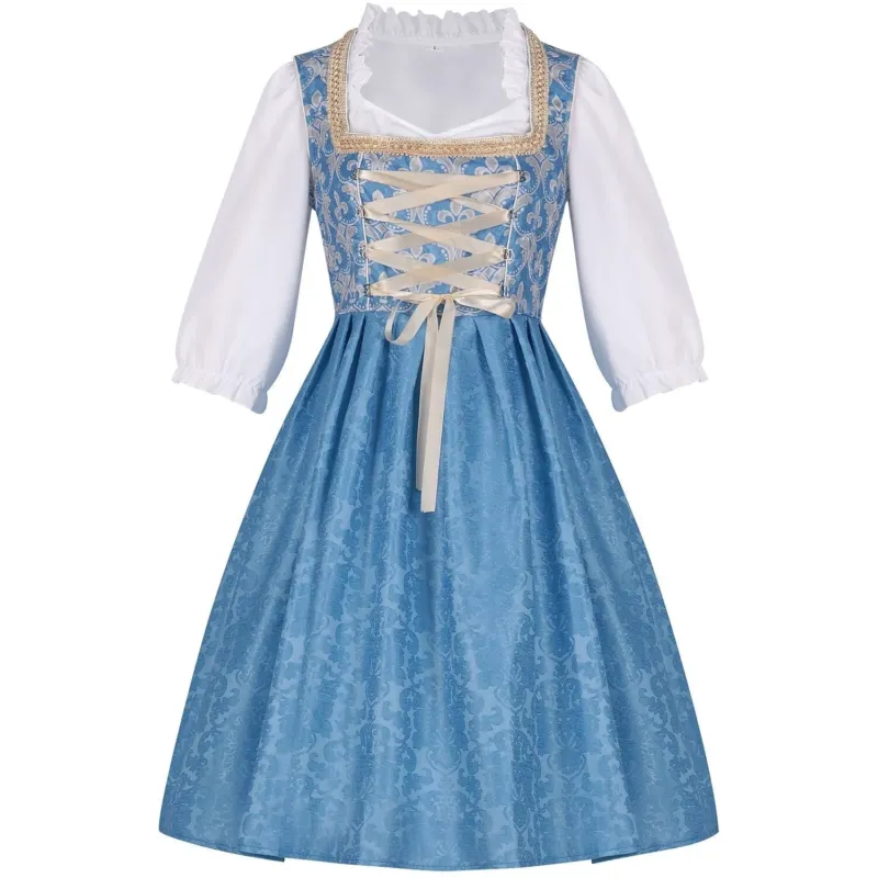 Traditional Dirndl Dress Royal Blue Floral Embroidery With Lace Apron - Product example