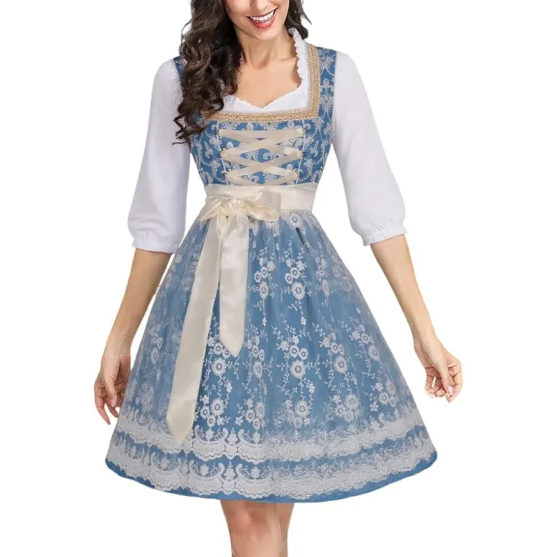 Traditional Dirndl Dress Royal Blue Floral Embroidery With Lace Apron - Product showcase
