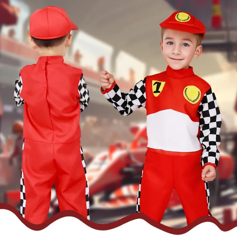 Kids Racing Costume Checkered Driver Jumpsuit With Cap - Detailed view