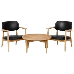 Stellar Works 2 Stk. Slow Lounge-Sessel in Eiche und schwarzem Leder, inkl. Couchtisch in Eiche
