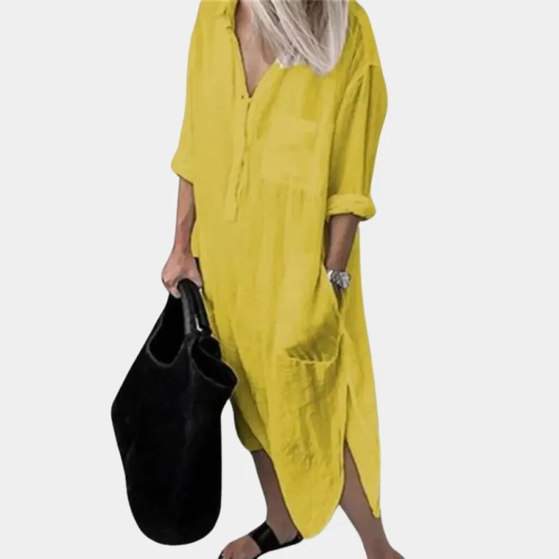 Summer Linen Maxi Dress V-Neck Split Hem Design - Product showcase