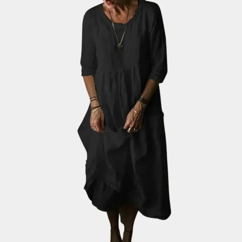 Cotton Linen Midi Dress Gathered Waist Elbow Sleeves - Product showcase