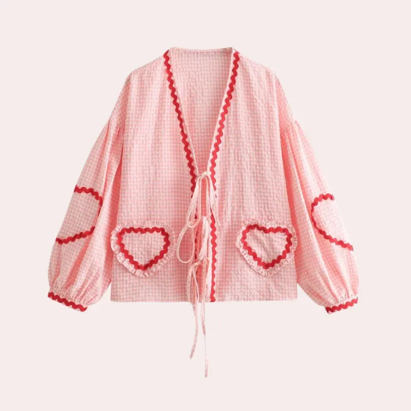 Gingham Heart Blouse Pink Cotton With Red Trim - Product showcase
