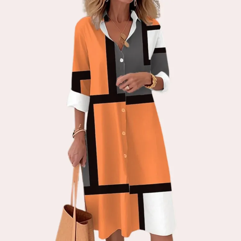 Geometric Midi Shirt Dress Orange Color Block Design - Product showcase