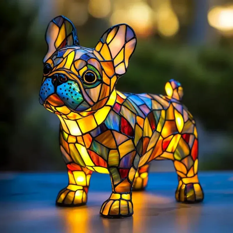 Tiffany Style Dog Table Lamp Stained Glass French Bulldog Design - Product showcase