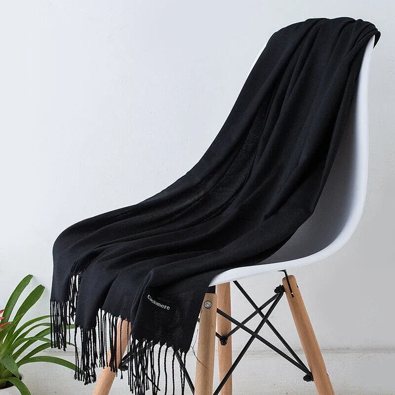 Cashmere Scarf Soft Black Fringe Winter Wrap - Product showcase