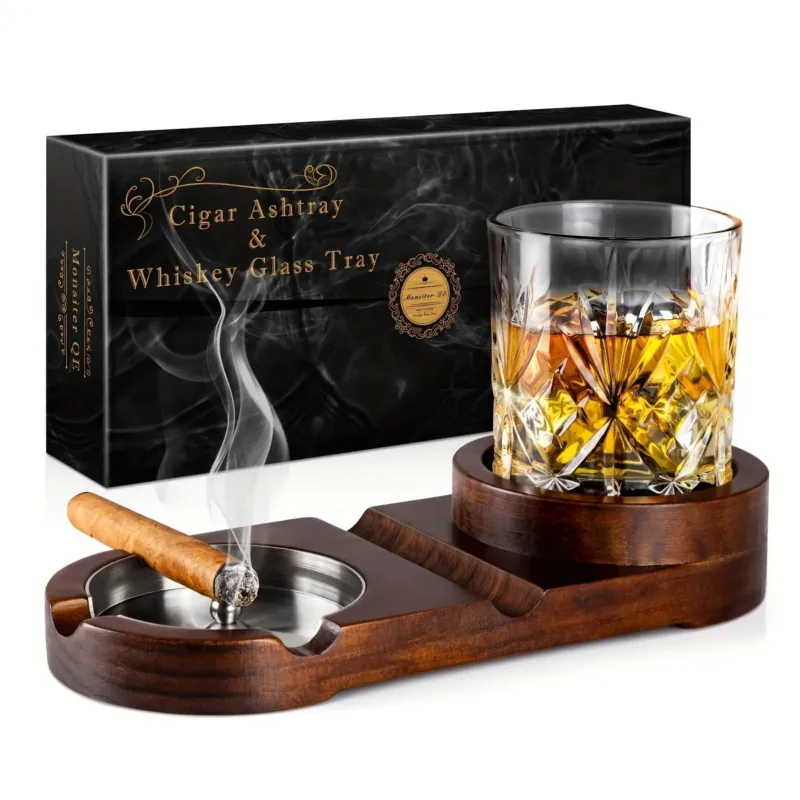 Wooden Cigar Ashtray with Whiskey Glass Holder Premium Dark Wood Finish - Product showcase