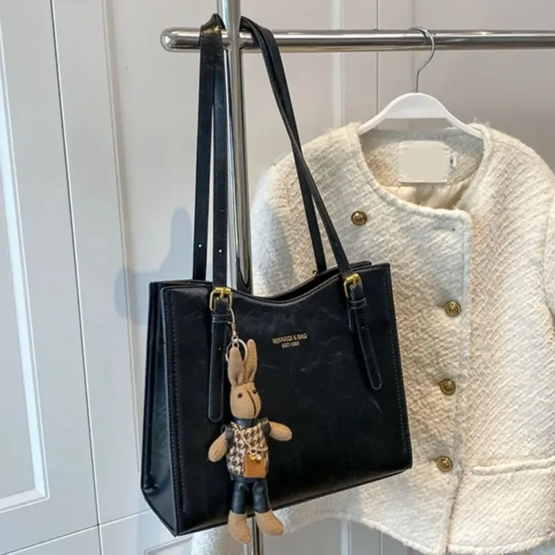 PU Leather Tote Bag Black Shoulder Bag with Rabbit Pendant - Product showcase