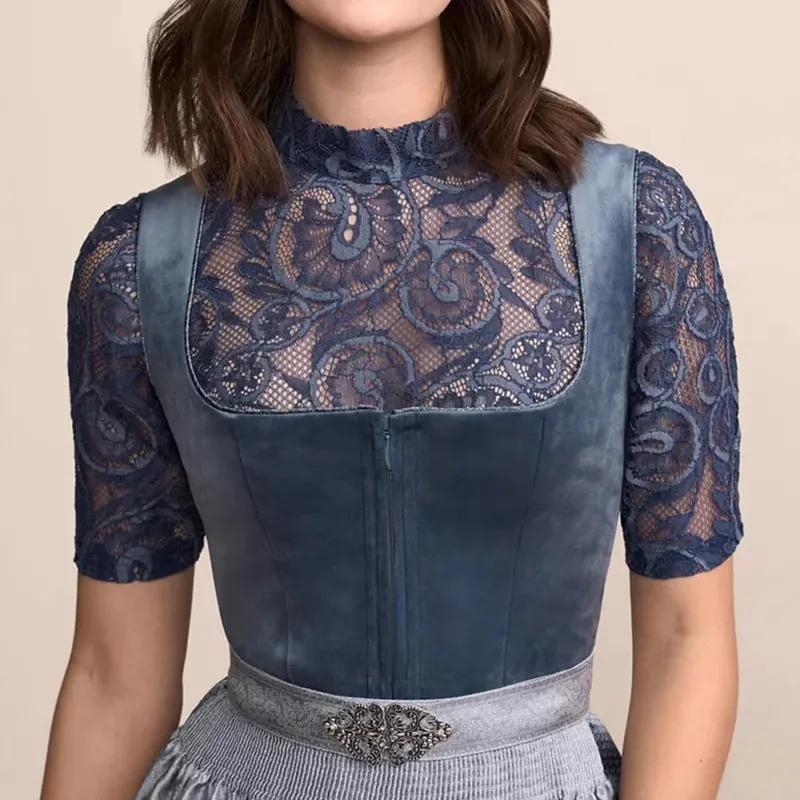 Traditional Dirndl Dress Navy Blue With Satin Apron - Product detail 4