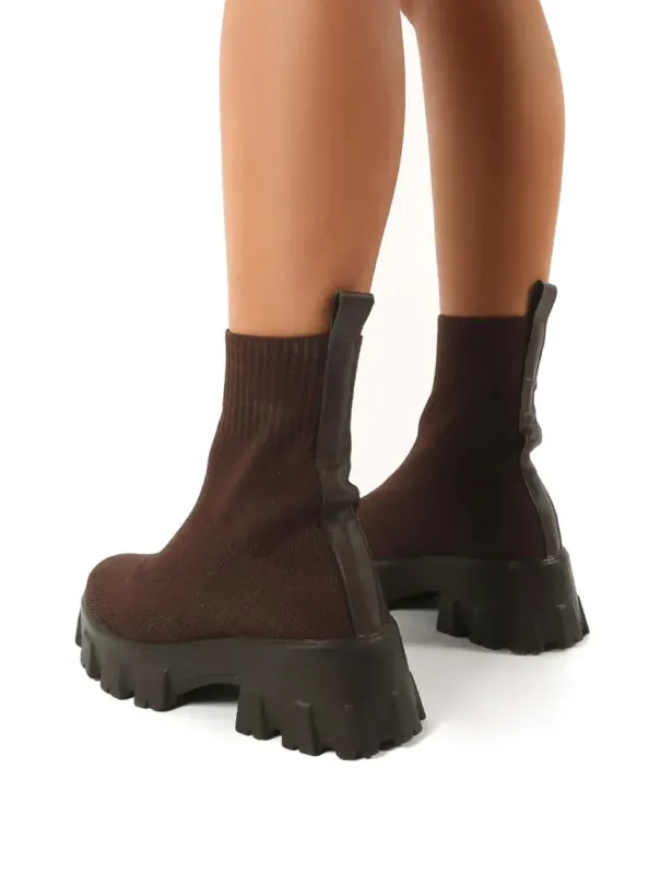 Platform Chelsea Boots Brown Knit Stretch Upper - Detailed view